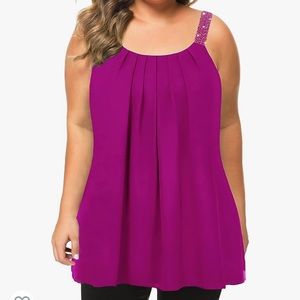 MANER Women's Plus Size Cami Casual Pleated Chiffon Tank Top Beaded Strap